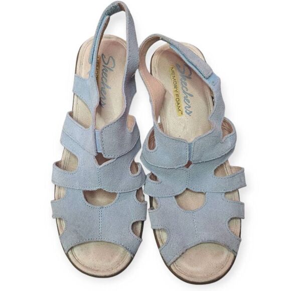 Skechers Women's Suede Peep-Toe Slingback Wedges Parallel Stylin size 6 Light Bl - Picture 2 of 7